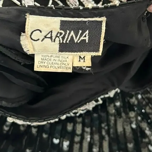 Vintage 80s Beaded Sequined Party Cocktail Mini Dress Carina Black White M Glam